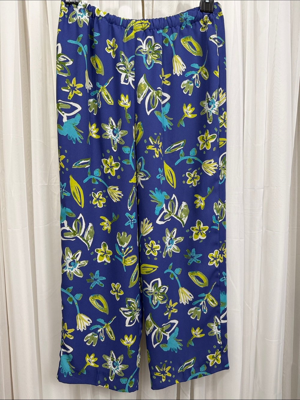 Sigrid Olsen Sport Lined Floral Wide Leg Pants SZ Large Blue Green Elastic Waist